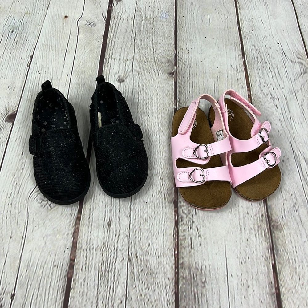 2 pairs of shoes. Size 5 Pink sandals and black slip on‘s.